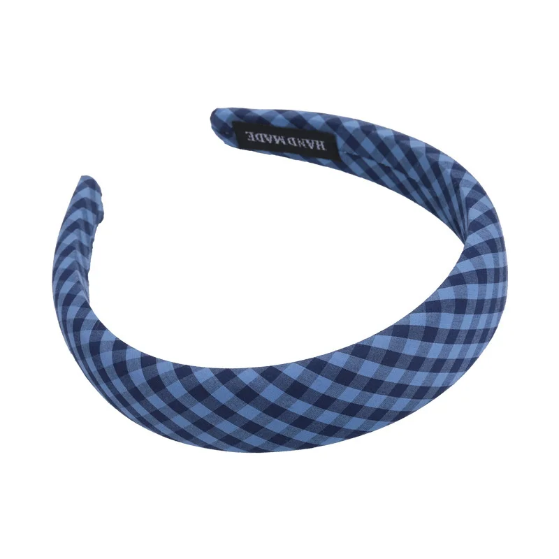 Bluish Stripe Plaid Print Headband with Sponge Padding and Sweet Blue Flower Bow Design