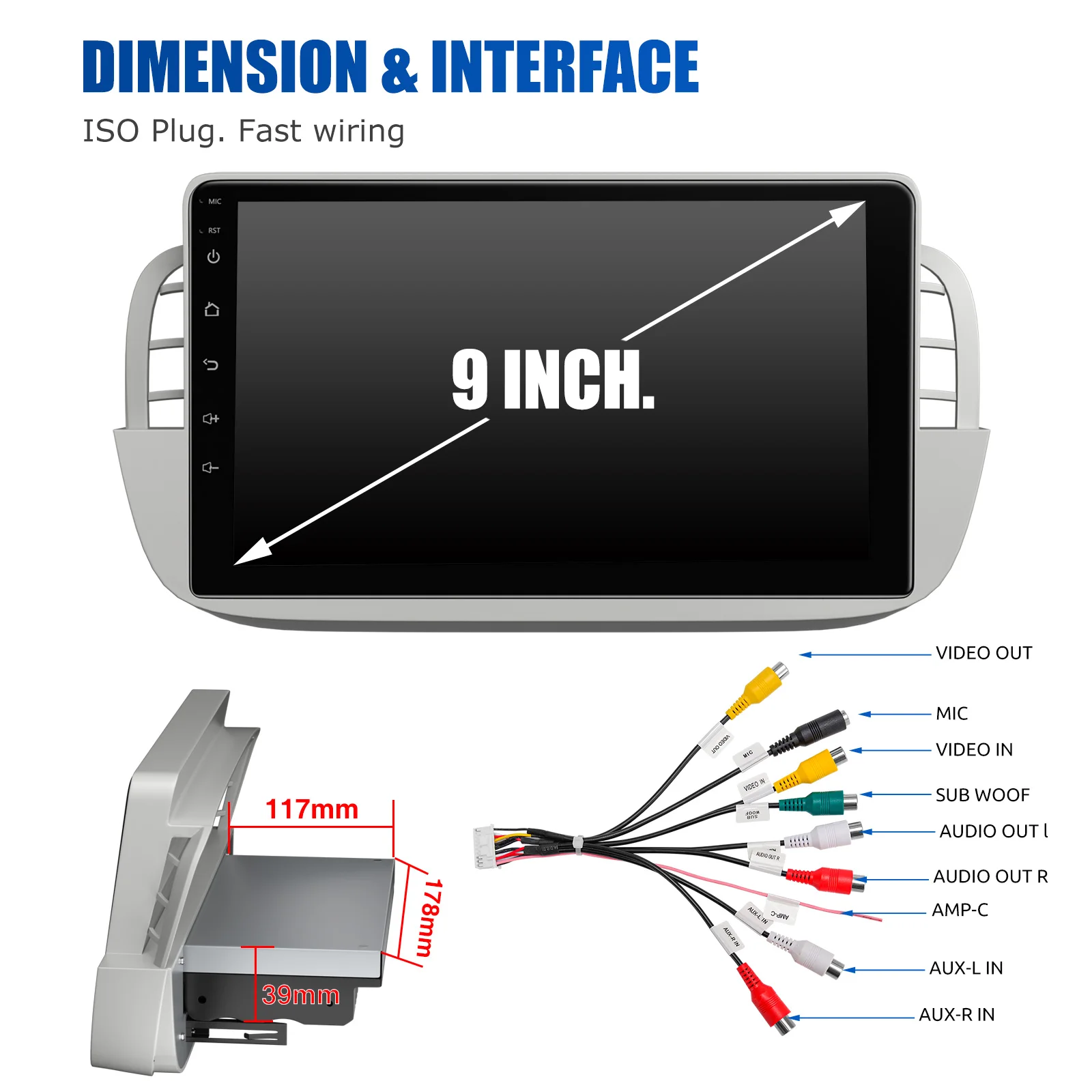ESSGOO 2 DIN For Fiat 500 2007-2015 White 9" Apple Carplay Android auto Car Stereo Radio GPS WIFI SWC BT Mirror Link Android 14