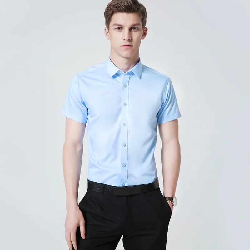 Bamboo Fiber Stretch Men Shirt Fashion Casual Business Short-Sleeved Top Anti-Wrinkle No-Iron Solid Color Formal Shirt S-6XL 4