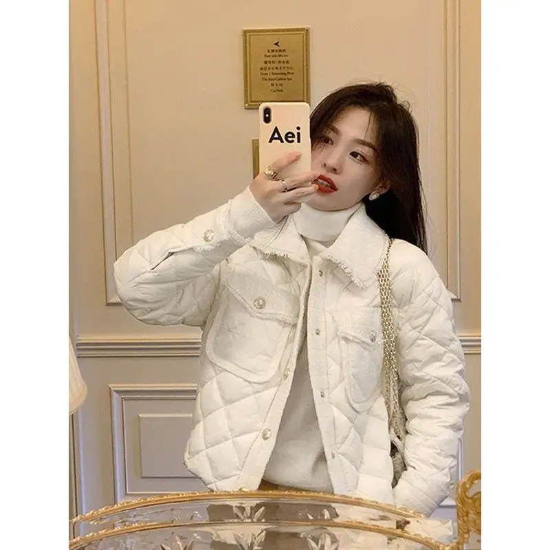 

Women Chic Cotton-Padded Jacket Autumn Winter Female Korean Coat Rhombic Small Fragrance Lapels Lightweight Warm U952