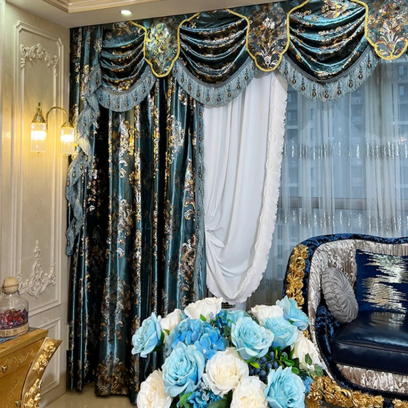 

European style Blue Velvet Embroidery Curtain Villa Baroque Cloth Tulle Valance Curtains for Living Dining room Bedroom Custom