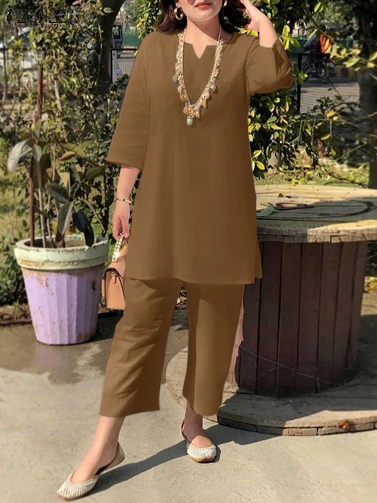 

Костюм спортивный ZANZEA Женский Повседневный, модные прямые штаны с эластичным поясом и рукавом 3/4, с круглым вырезом, свободный комплект из 2 предметов, уличная мода