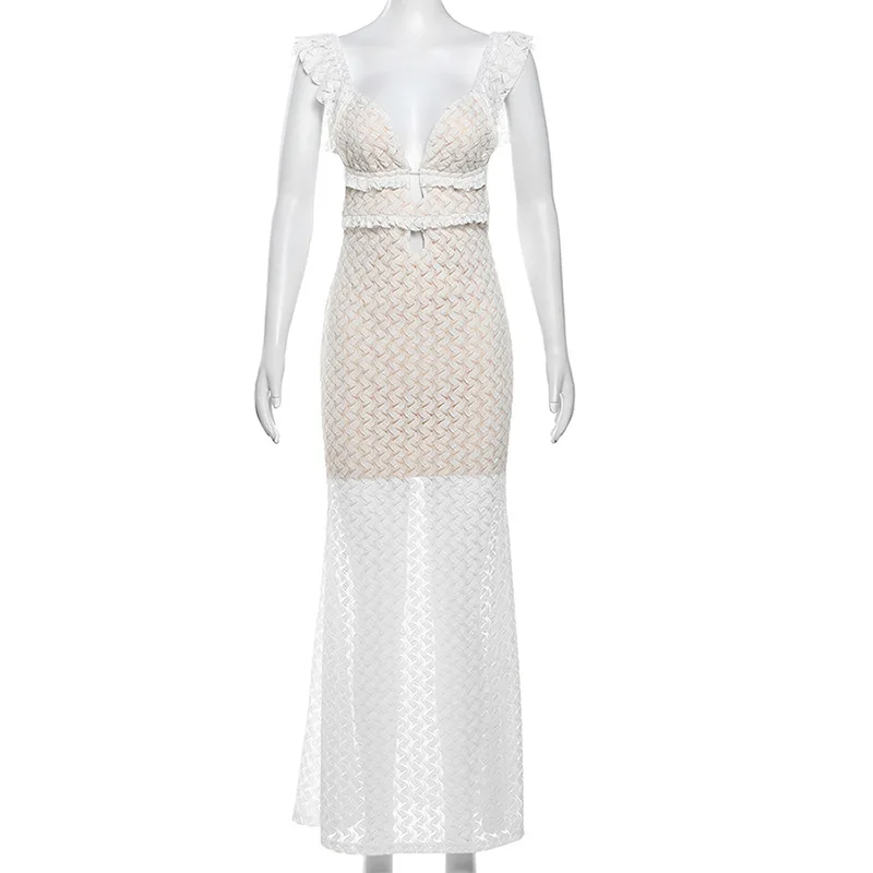 Wmstar Women Clothing Summer Fashion Solid Color V-neck Backless Lace-up Hollow Slim Stretch Long Dress Wholesale Dropshipping