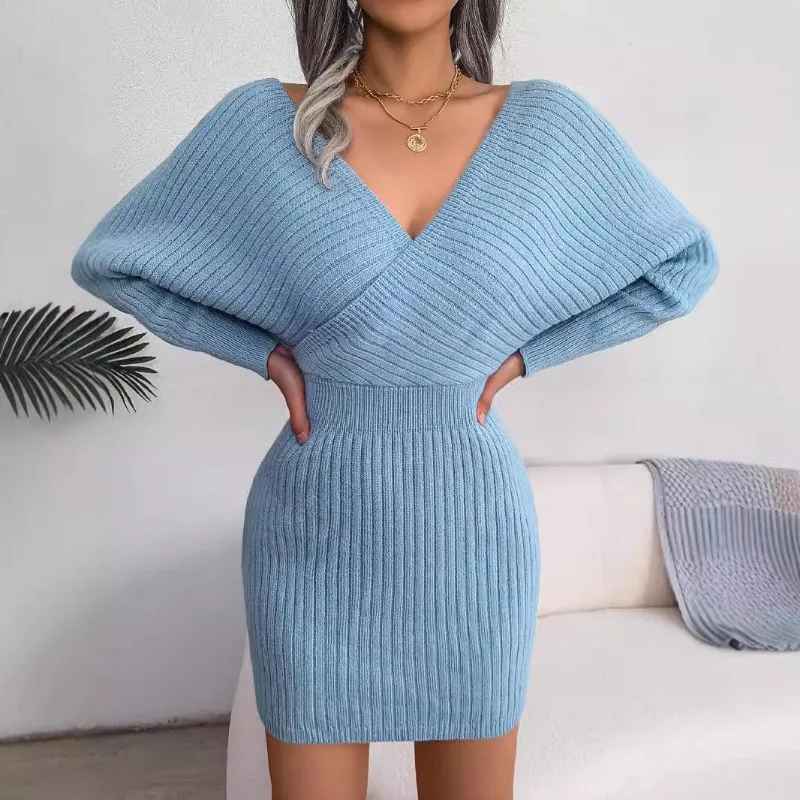Sweater Dresses For Women Autumn Winter Casual Long Sleeve Knitted Clothes White Green Blue Black Purple Package Hip Dress