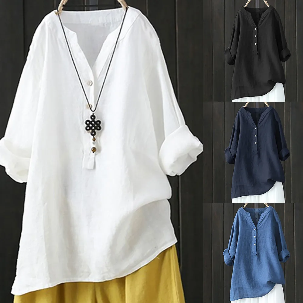 

Large Size Women's Spring And Summer Simple Casual T Shirt Tops Solid Colour Loose Tops Button Down Long Sleeve Blouse Tops