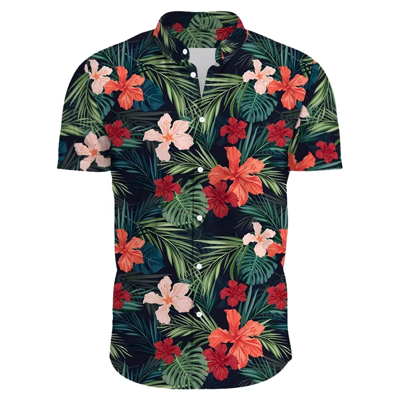 

New Hawaiian Red Leaf Tropical Shirts Florals Men Tops Summer Casual Short Sleeve Button Chemise Loose Vacation Beach Shirt Top