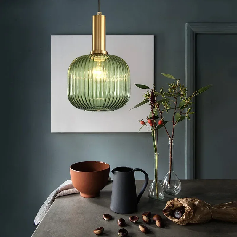 Nordic Vintage Colorful Glass Striped Chandelier pendant lights vintage pendant lights chandelier lighting pendant lamp For Dining Room Kitchen Island Pendant Light Bedroom Bedside Hanging Lamp