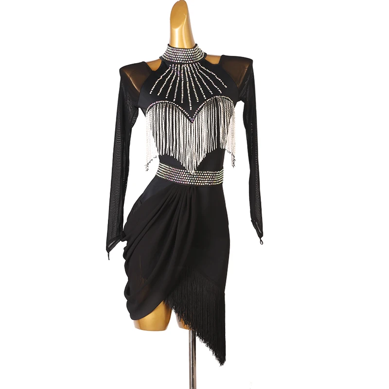 

High-end Custom Latin Dance Dress Female One-shoulder Long-sleeved Dance Costume Adult Stage Professional Performance Costume