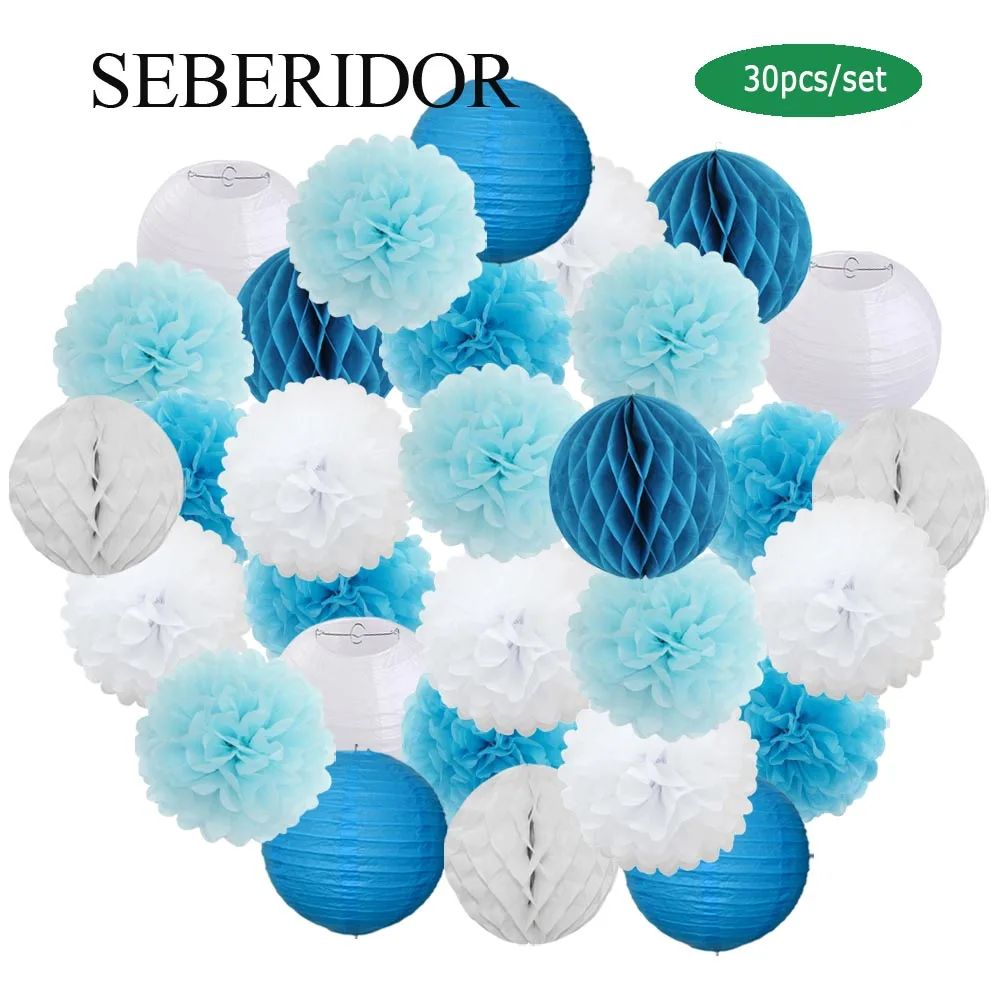 

30pcs/Set Holiday Festival Decor Blue White Paper Lantern 6“ 8” 10“ 12” Baby Baptism Birthday Party Favor Hanging Tissue Pompom