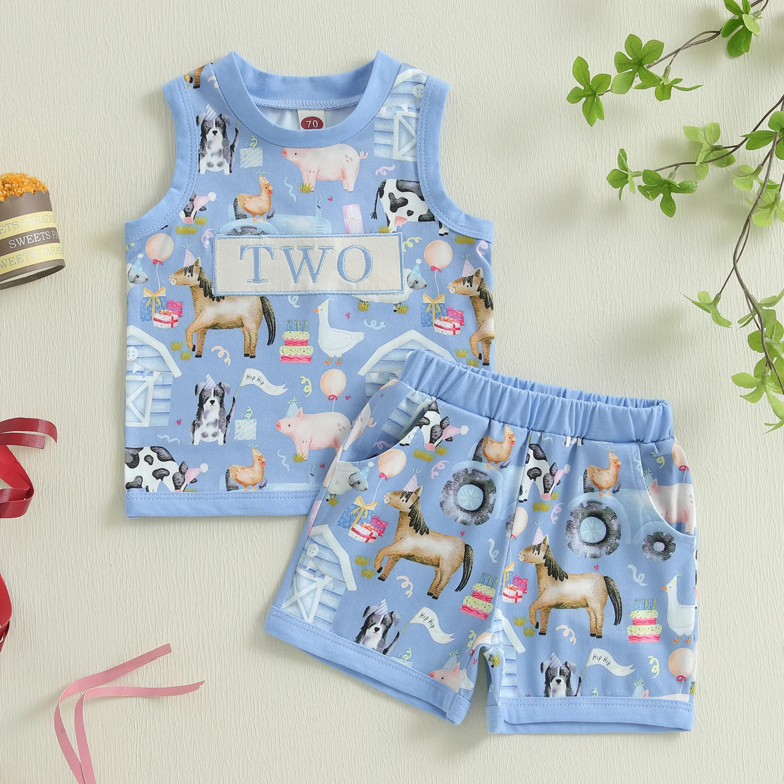Summer New Toddler Boy Clothes Fashion Birthday Outfits Animal Print Sleeveless Tank Tops Elastic Waist Shorts Suits 1-2 Years