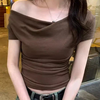 1pcs Girls Off-Shoulder T-shirt Women's Basic Fashion Tee Solid Ladys Short Sleeve Slim Tops Females Sexy Slanted Collar Tshirts 1