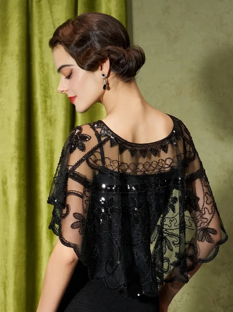 1920er-Jahre-Pailletten-Flapper-Schal, Vintage, dünn, atmungsaktiv, glänzender Umhang, eleganter Stil, draußen, kurzer Umhang für Frauen, Bankett – Detail 4