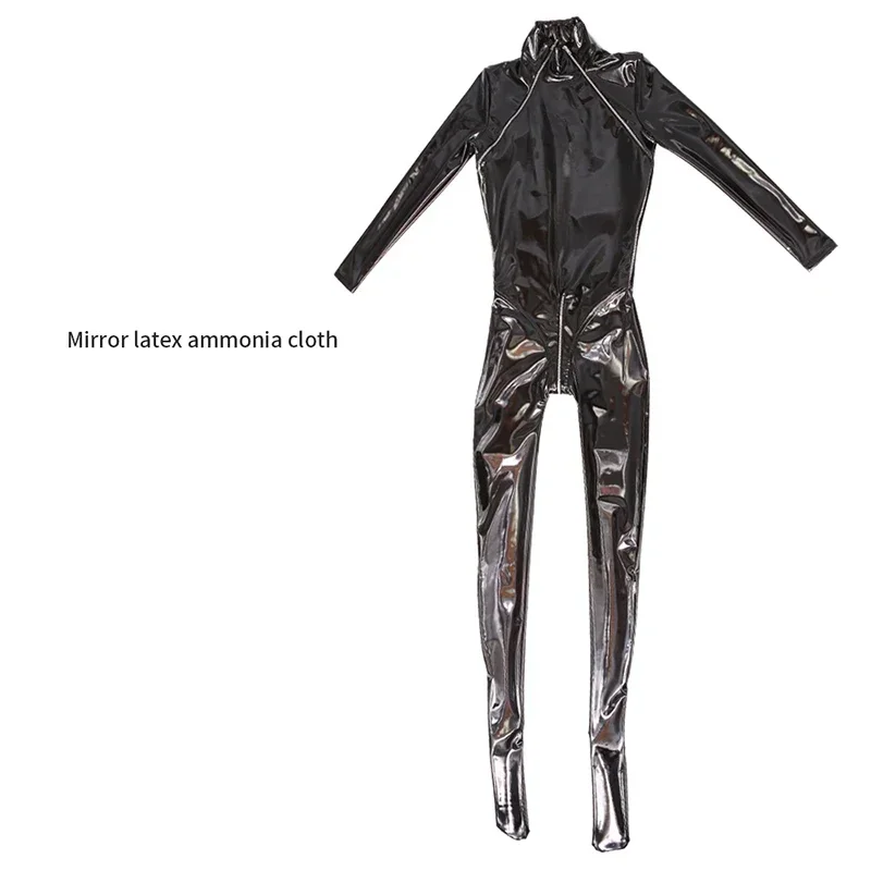 Sexy Patent Leather Jumpsuit Women Wetlook Bodysuit Zip Open Bust Crotch Latex Pantyhose Faux Leather Catsuit Clubwear Custom men male latex pvc catsuit sexy wetlook faux leather night club full bodysuit gay fetish erotic leotard jumpsuit