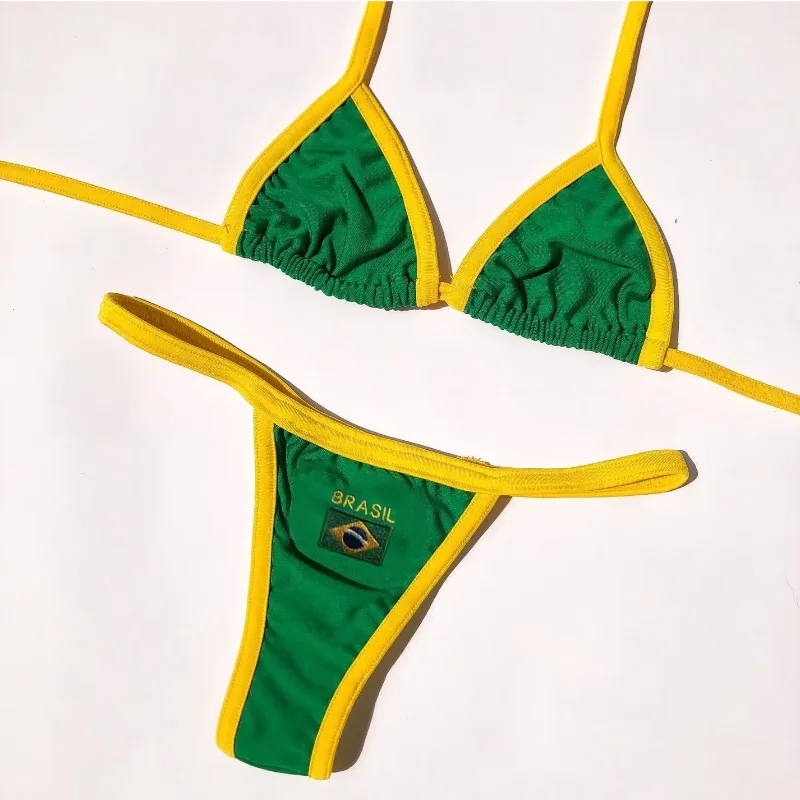 Y2k 2000s Sexy Gothic Punk Emo Girls Top Summer Brazilian Flag Embroidered Bra Bikini Set Beach Vest Party Spicy Girl