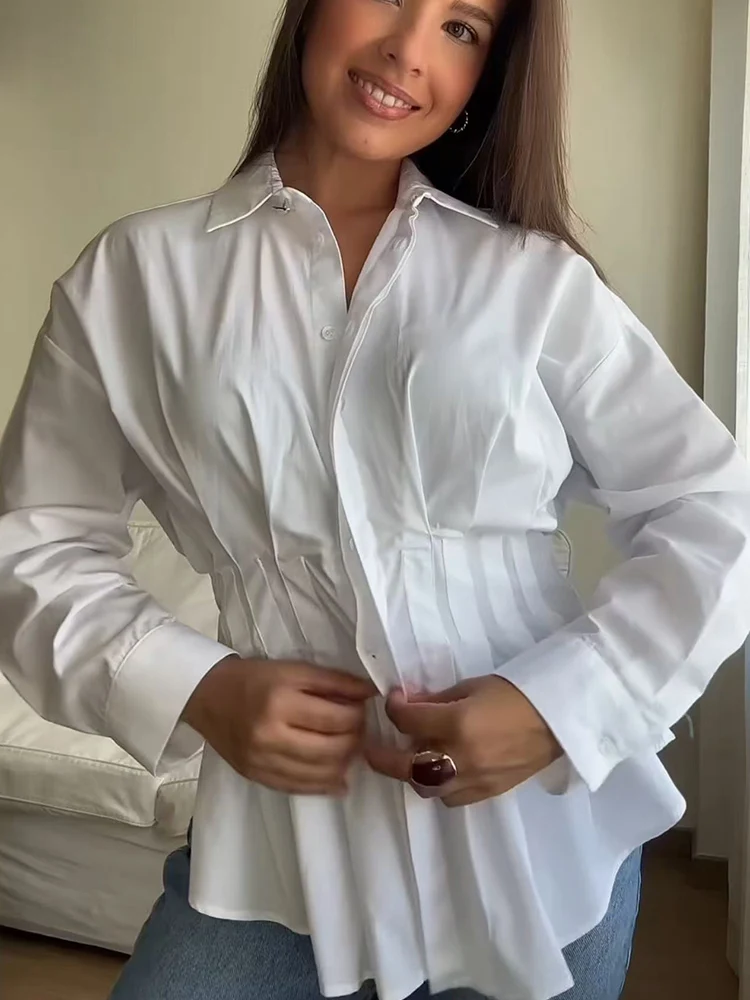 New Women Solid Pleated Blouses Spring Autumn Turn Down Collar Long Sleeve Fashion Causal Shirts Slim Fit Single Breasted Tops