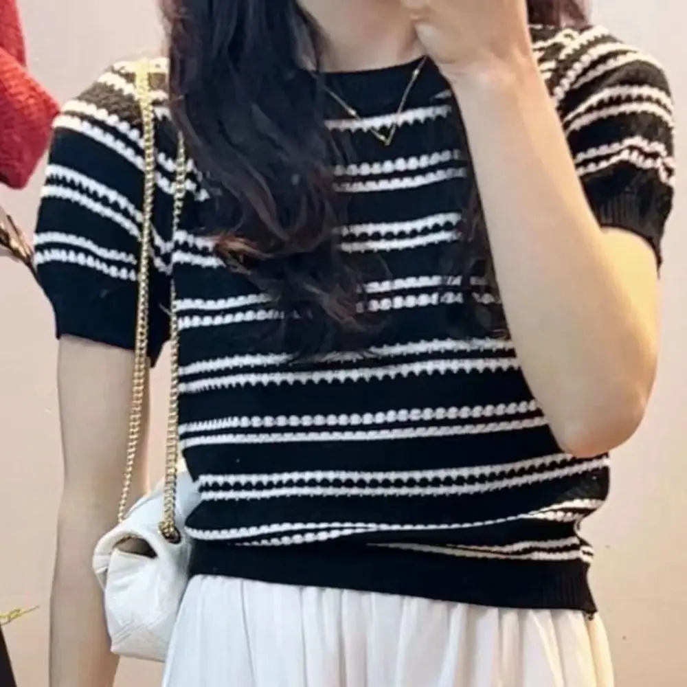 Fashion Ins Short Sleeve Crop Top Sweet Female Clothing Stripe Knitted T-shirt Slim Fit Bottoming Shirt Knitwear Women Female