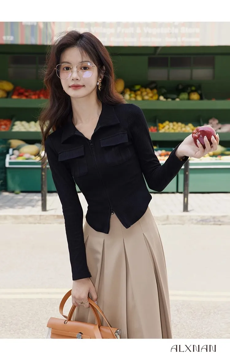

Fashion Women Sweaters 2023 Sexy V-neck Zipper Design Pullovers Casual Street Style Top