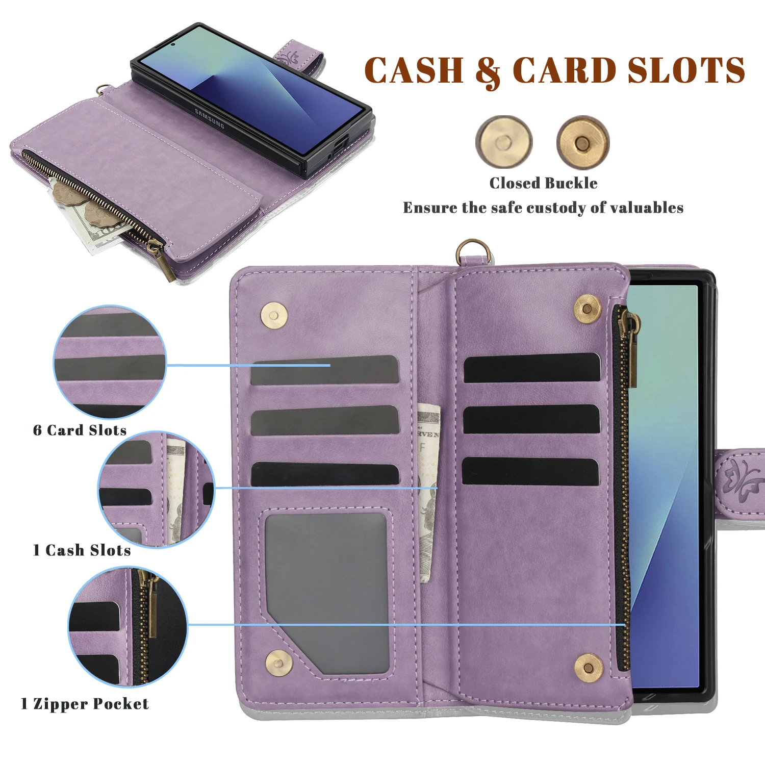 Leather Zipper Wallet Phone Case with Wrist Strap and Card Slot, Flip Stand Cover