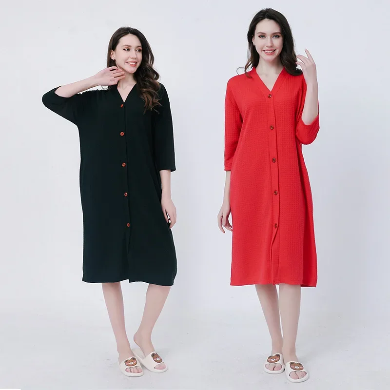Women's Waffle Cardigan Bathrobe Absorbs Water Long Style Solid Color V-neck Pijama Mujer Multi Colors Couples' Bath Robes