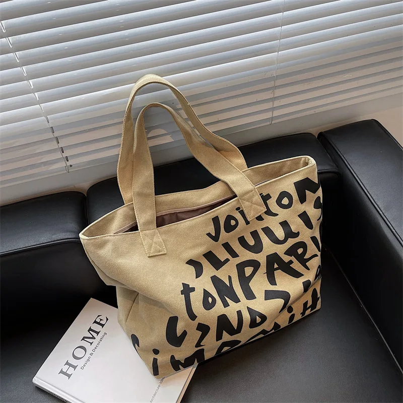 

2023 Summer Canvas Bag Women Large Capacity Graffiti Bag Preppy Soft Handbag Shoulder Bag Letter Lady Versatile Casual Tote Bag