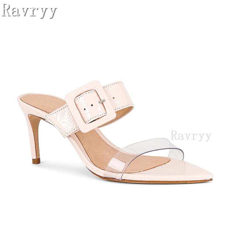 

Pointed Toe Pvc Transparent One Strap Slippers Thin High Heel Pink Mules Shoes Summer Fashion Party Runway Women Shoes