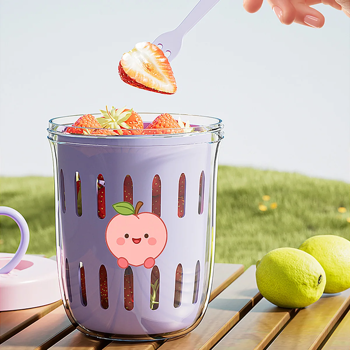 WORTHBUY Portable Oat Container Double-Layer Drain Fruit Cup Reusable Leak Proof Plastic Salad Cup Breakfast Cup With Fork&Handl
