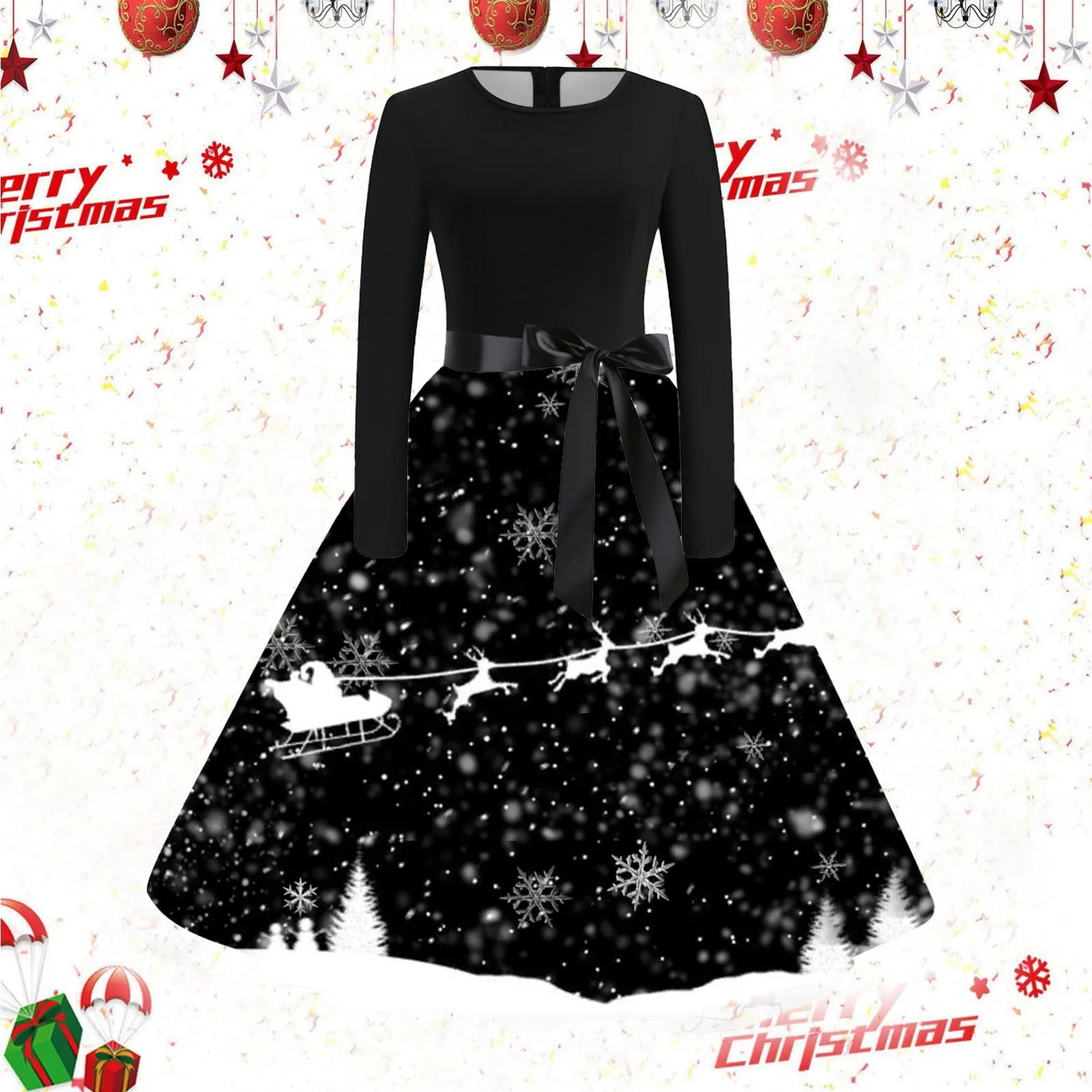 

Women's Christmas Retro Celebration Holiday Print Round Neck Christmas Dress Large Swing Dress Spawn Costume Cosplay