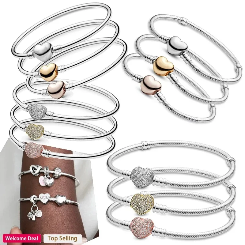 Ladies Exquisite Jewelry 925 Sterling Silver Shining Dense Set Heart shaped Bracelet DIY Charming Jewelry Fashion Light Luxury