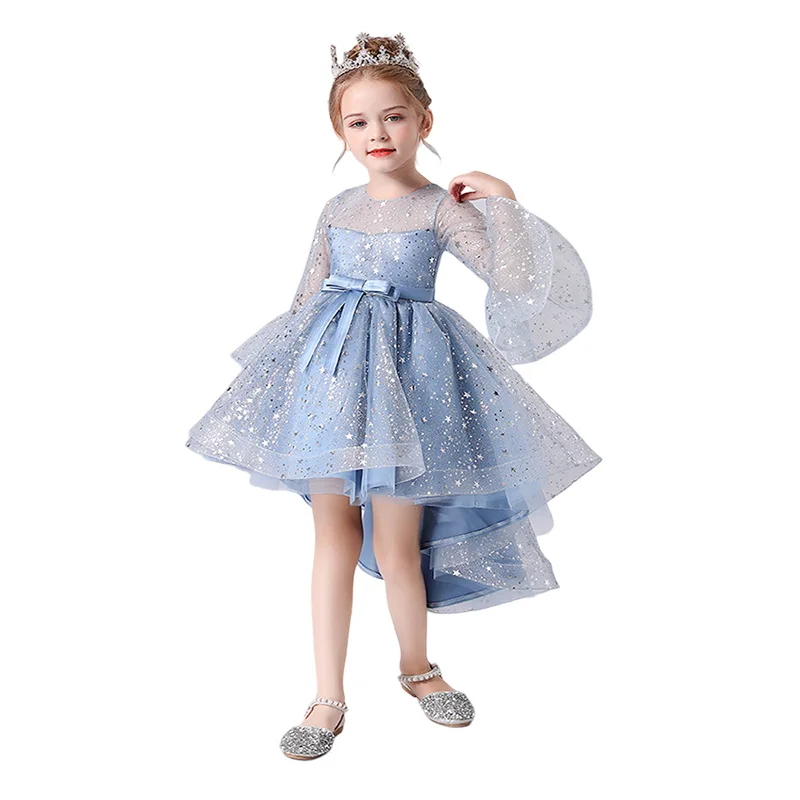 Summer Red Blue Kids Junior Princess Flower Girls Asymmetrical Dress Birthday Wedding Party Stars Tulle Lace Gown