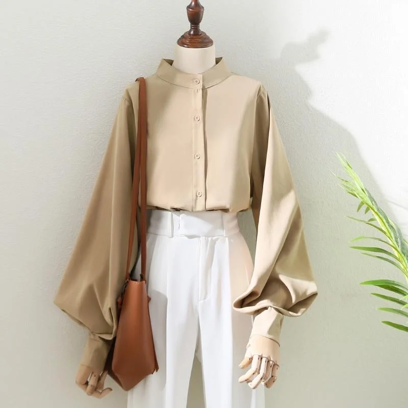 Woman Spring Autumn Style Blouses Shirt Lady Long Lantern Sleeve Stand Collar Loose Tops