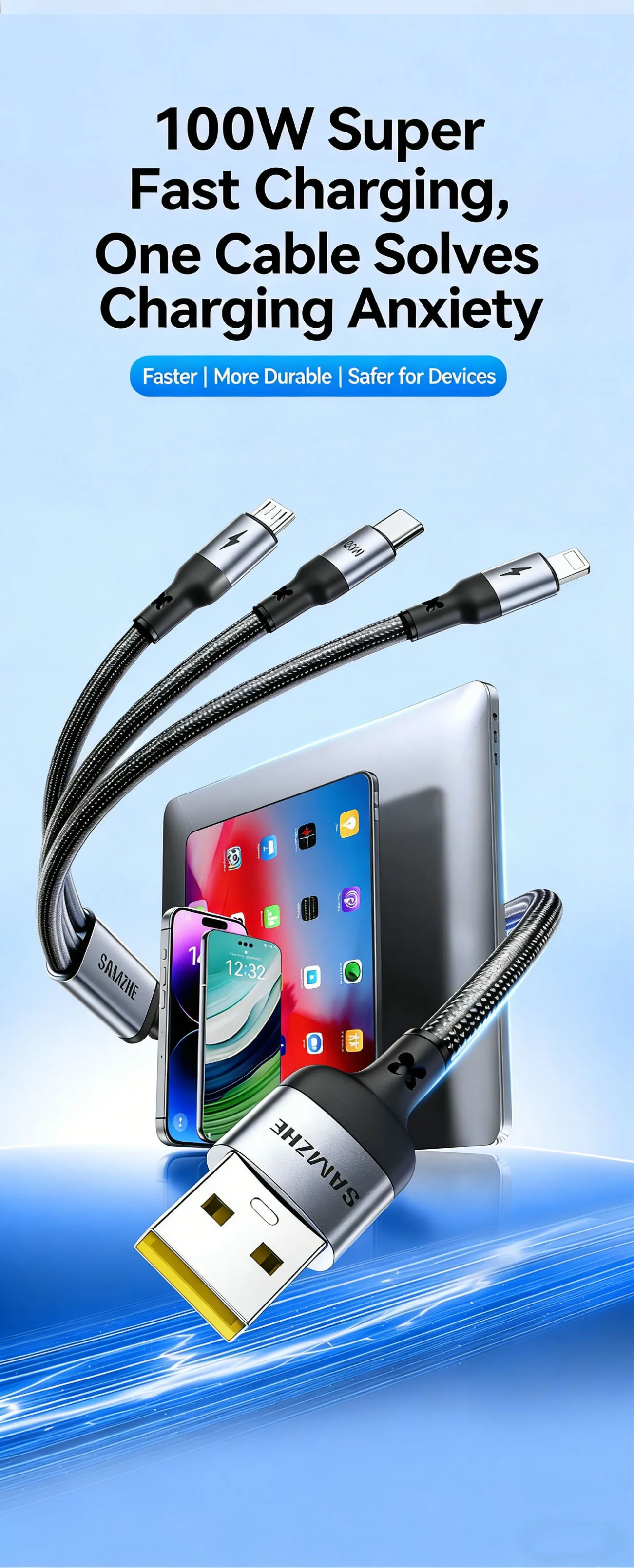 SAMZHE 3-in-1 USB-C-Kabel, 100W 6A Schnellladekabel für iPhone 17/16 Pro, Huawei, Android, Typ-C, 5A, für Auto & Smartphone – Detail 1