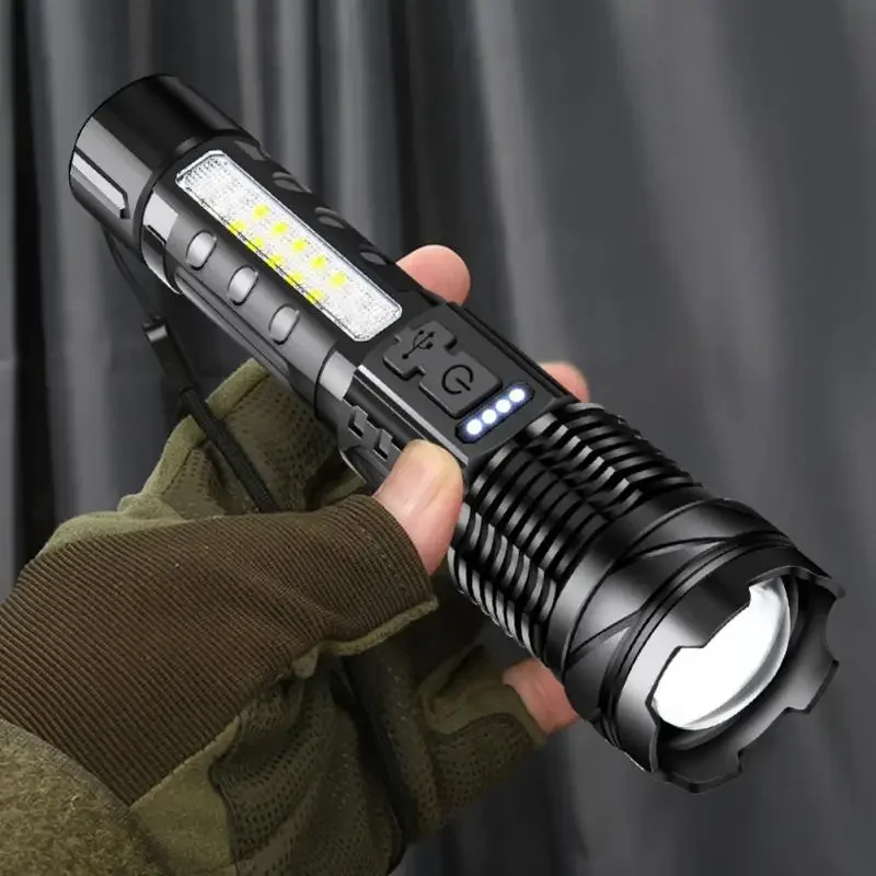 Strong Light Flashlight Fast Typ-c Charging Outdoor Lighting White Laser Flashlight With Cob Warning Side Work Light