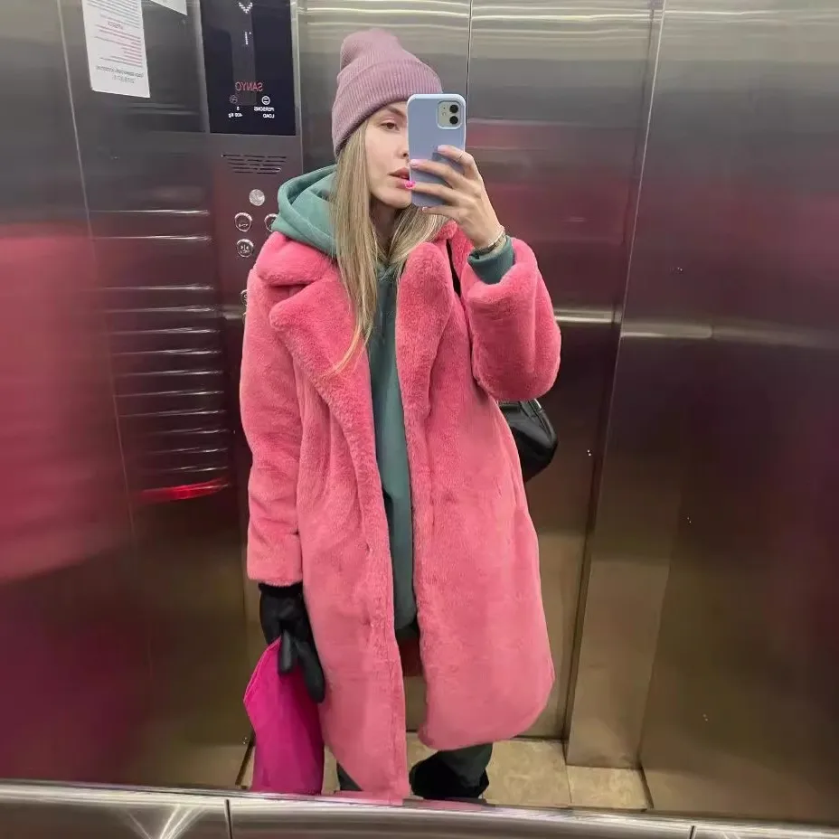 Winter Women High Quality Faux Rabbit Fur Coat Luxury Long Fur Coat Loose Lapel OverCoat Thick Warm Plus Size Female Plush Coats 4