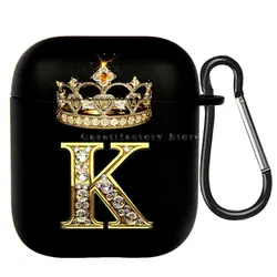 Elegant Diamond Crown Initial AirPods Case - Black Wireless Bluetooth Earphone Cover - Airpods 1 2 (K)