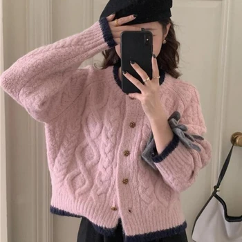 المرأة خمر محبوك المرقعة سترة مشغولة من الصوف الكورية Harajuku لينة الإناث بلايز الخريف الشتاء واحدة الصدر الحلو سترة 3