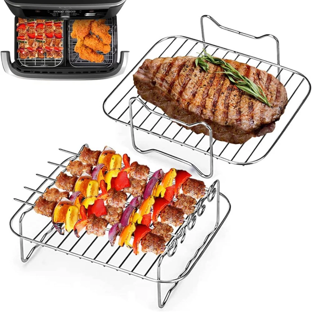 Air Fryer Accessories Rectangle Dual Basket Double Layer Grill Skewer Rack For Ninja DZ201 DZ401 DZ550 Roasting Cooking