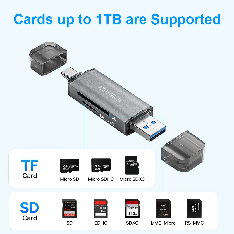 RSHTECH 카드 판독기 5Gbps 데이터 전송 USB C 및 USB3.0-SD MicroSD TF 메모리 카드 판독기 노트북 액세서리 용 SD 카드 어댑터