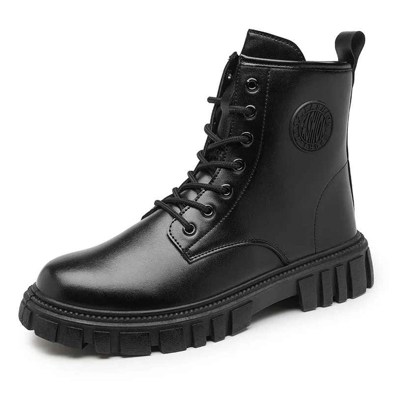 

Men Ankle Boots Classic Round Toe High Top Platform Shoes Outdoor Casual Work Boots PU Leather Lace-up Motorcycle Boots Black