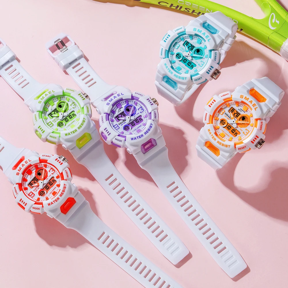 SMAEL Dual Time Sports Women Watch Quartz Student Wristwatches Fashion Female White Dual Time Digital Clock Lady Gift Auto Date 6
