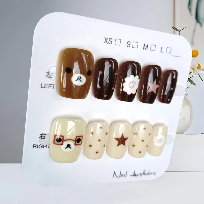 10 Stück Damen süßer Bär und 3D-Apfel mit Katzenauge-Design, zum Aufdrücken der Nägel, braun, Retro-kariertes Blumenmuster, Nagelplatte, künstliche Nägel – Detail 14