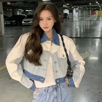 여성용 그래픽 겉옷, 프린트 패치워크 진 코트, 작은 짧은 크롭 믹스 컬러 데님 재킷, 용수철 가을