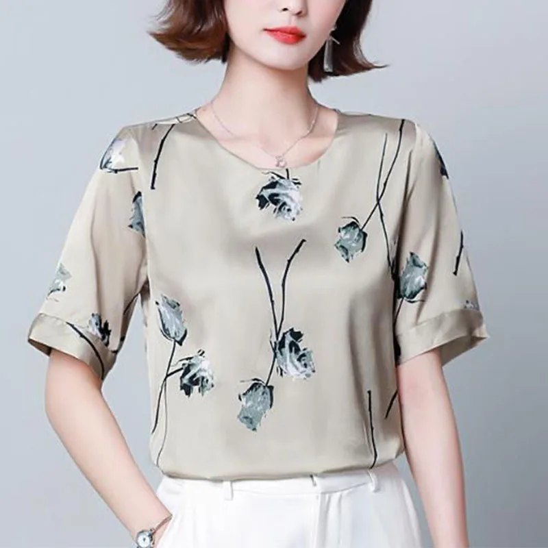 Luxury Elegant Silk Satin Blouses Women's Clothing Short Sleeve Summer Shirt Urban Fashion Printing White Women Pullovers 2022 3d printer filament shiny silk feeling like 3d pen printing materials silk pla gold 1 75mm pla luxury silky luster 1kg