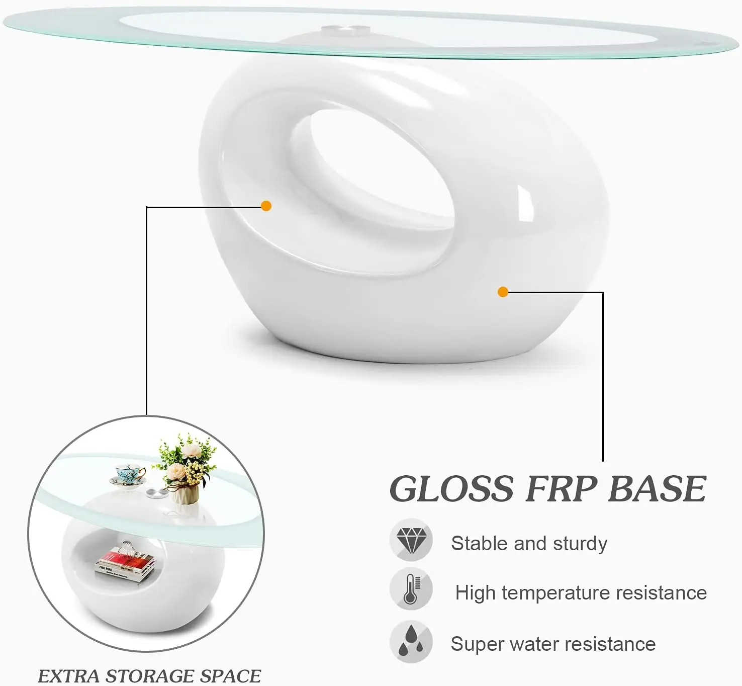 Contemporary Glass Coffee Table for Living Room, Oval Glass Table Set, Tempered Glass Top & Glossy Solid Base , White 5
