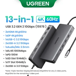 UGREEN 8-in-1 Triple Display USB-C Hub with 4K HDMI, DP, USB3.2, and 100W PD Charging (13in1 10Gbps 4K60Hz)
