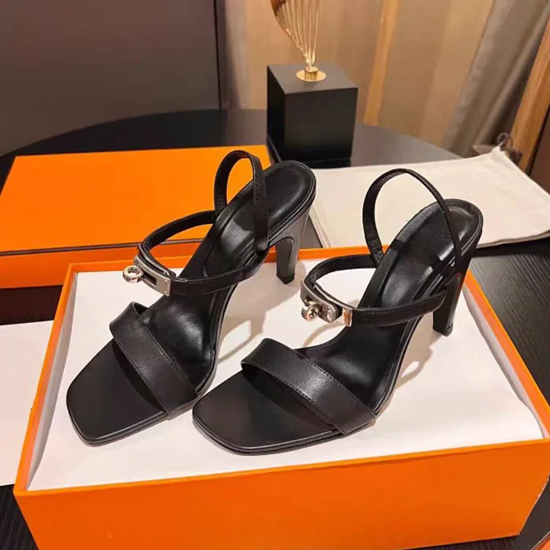 

Gold Buckle Thick Heel Sandals Woman Summer 2024 Square Toe Slingback Slip-On High Heels Leisure Luxury Shoes for Women