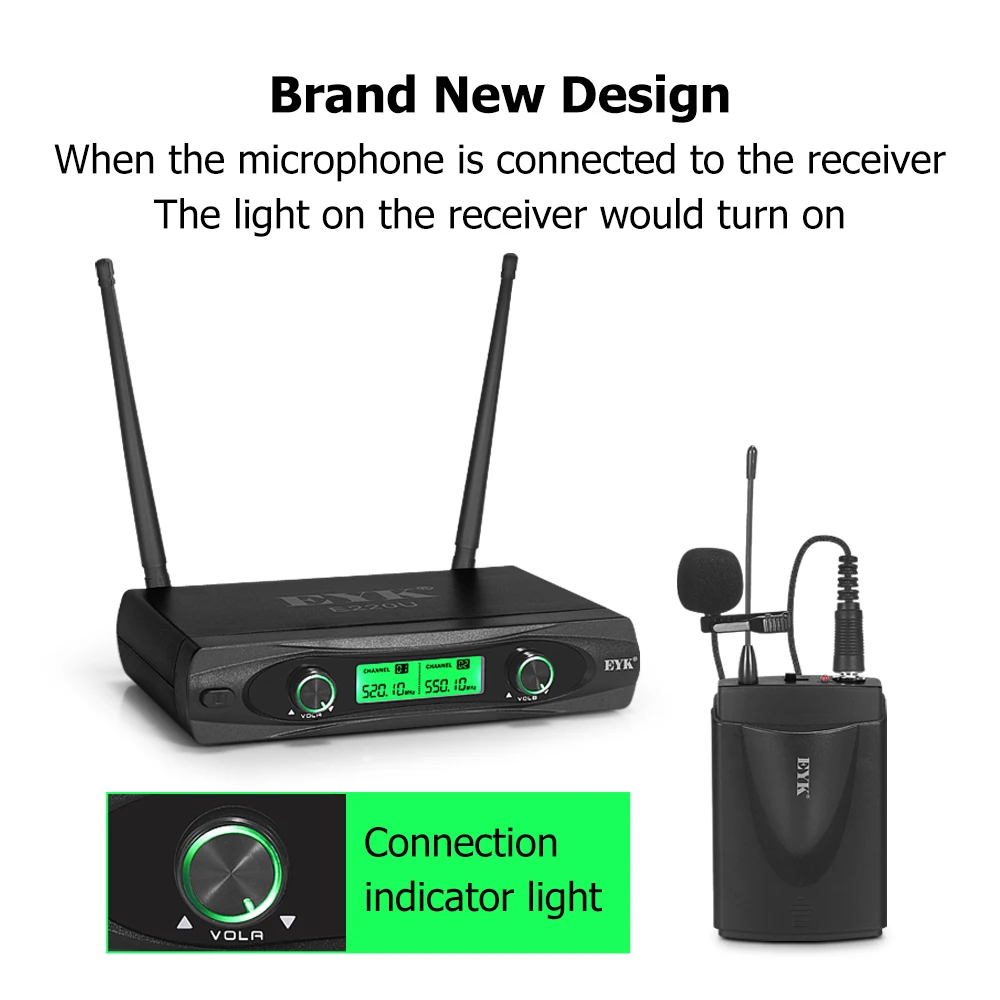 Eyk E220u Uhf Duplo Canais sem Fio Microfone Bodypack Transmissor com Fone de Ouvido e Lapela de Lavalier Mic para Discurso da Igreja - Image 2