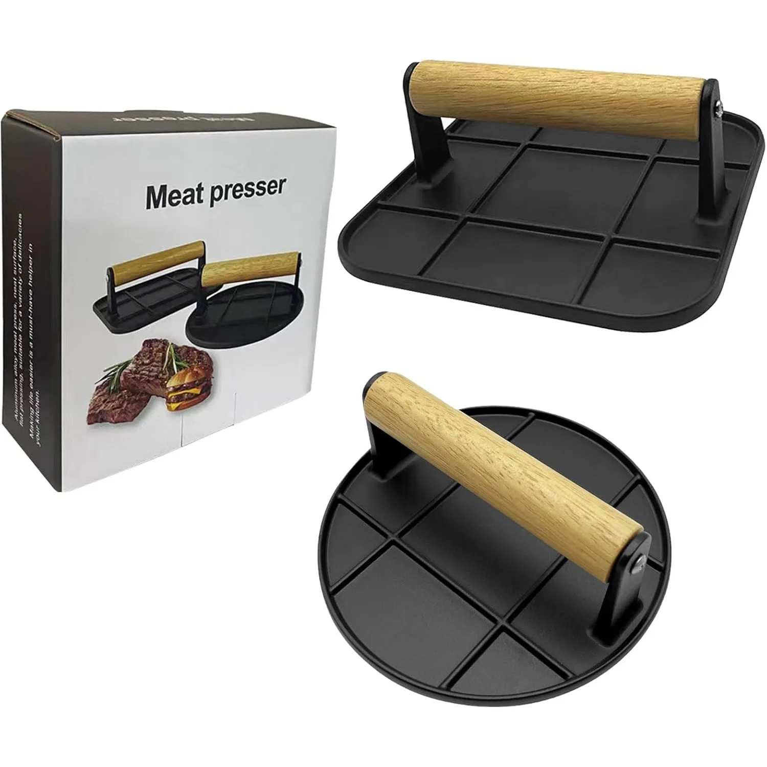 Burger Meat Press Aluminum Alloy Cast Iron Round 6.3inch Bacon Grill with Wood Handle burger press burger maker