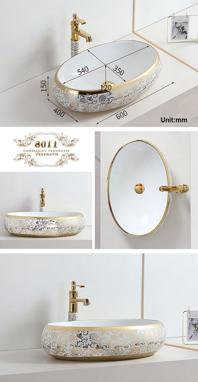 Flower Design Art Ceramic Bathroom Sink Set Above Counter Washbasin Sink Countertop Sink Golden Bath Vessel Sink Shampoo Sink