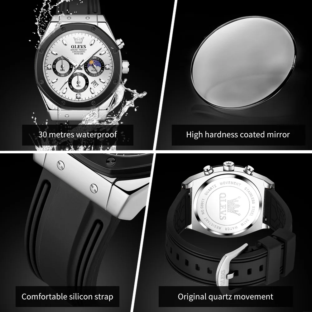 OLEVS 9911 Original Quartz Watches For Men Fashion Silicone Strap 24 Hour Moon Phase Waterproof Chronograph Top Luxury Man Watch