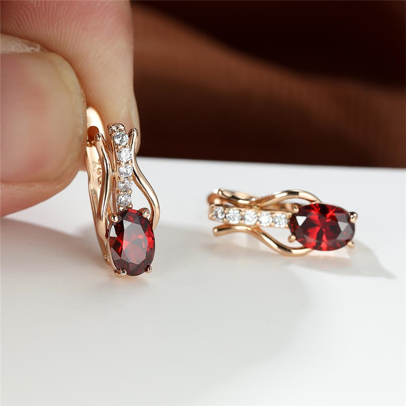  Crystal Female Red Oval Stone Hoop Earrings Cute Bridal Birthstone Wedding Jewelry For Women 